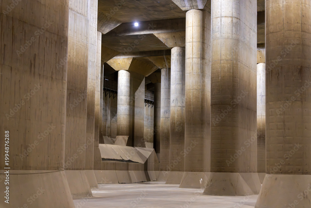 Obraz premium world's largest underground flood water diversion facility in Metropolitan Area Outer Underground Discharge Channel also known as G-Cans Project in Saitama prefecture, japan near tokyo