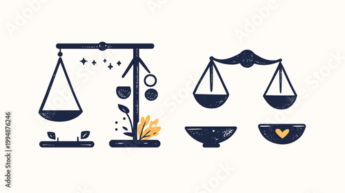 Stylized illustrations of scales with elements of nature, a heart, and stars