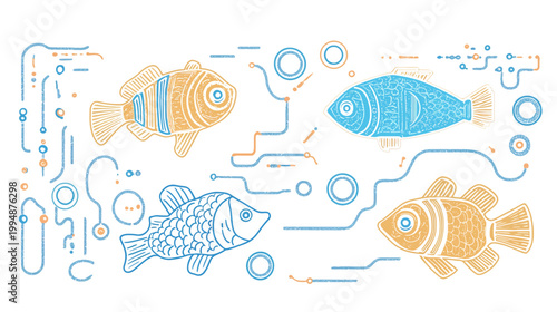 Stylized illustration features four fish with circuit board details in shades of blue and gold on white