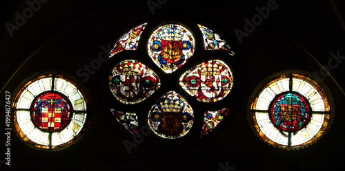Stained glass windows of Holy Primate Cathedral Church of Saint Mary, Toledo, Castilla-La Mancha, Spain.