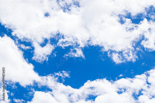 Beautiful blue sky with white fluffy clouds, natural daytime image, cloudscape with copy space. Scenic beauty of nature of Leh, Ladakh, India. Ladakh is known for clear atmosphere, bright environment.