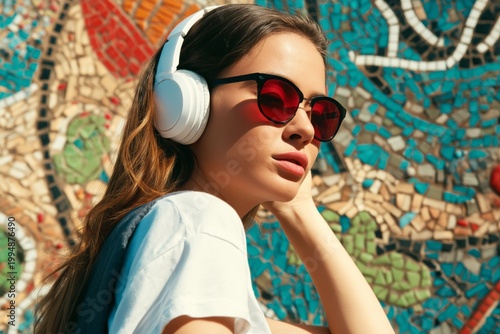Young Woman Listens to Music While Wearing Headphones and Sunglasses in Front...