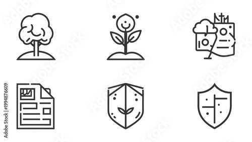Eco-Friendly Icon Set: A collection of minimalist line icons representing concepts such as nature, growth, security, and sustainability, symbolizing environmental awareness and eco-friendliness.