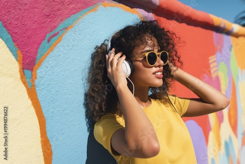 Young Woman Listens to Music While Standing Against Colorful Mural on a Sunny...