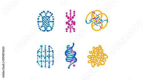 Colorful abstract depictions of cellular structures arranged in a grid against a white background