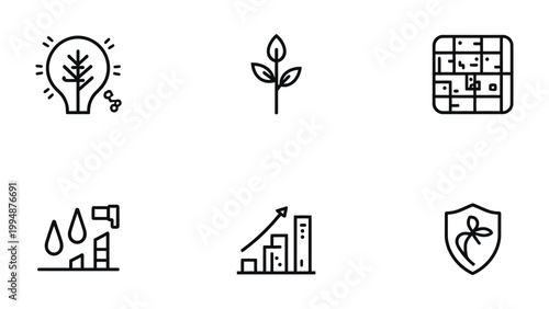 Sustainable Icons Set: A collection of meticulously crafted line icons representing sustainable practices and environmental concepts. A visual embodiment of nature-conscious principles.