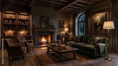 Classic library interior with fireplace leather chairs and bookshelves.