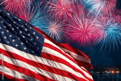 Fireworks Light up the Night Sky Behind the United States Flag During a Summe...