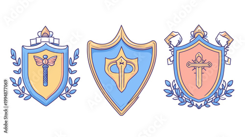 Three heraldic shields in a cartoon style, each with different central elements and floral decorations