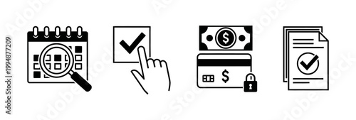 Modern vector icons illustrating a streamlined digital workflow appointment scheduling, user selection, encrypted financial transactions, and document confirmation processes