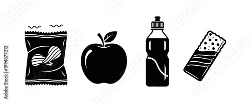 Assortment of everyday snack items including fresh fruit, crunchy chips, a refreshing beverage, and a sweet treat, presented as simple black silhouette icons