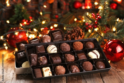 Assorted Chocolates in a Box on a Wooden Table During the Holiday Season