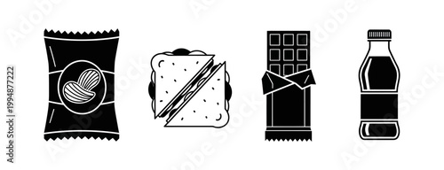 Collection of snack items including chips, sandwich, chocolate bar, and beverage bottle, presented in a minimalist black and white graphic style