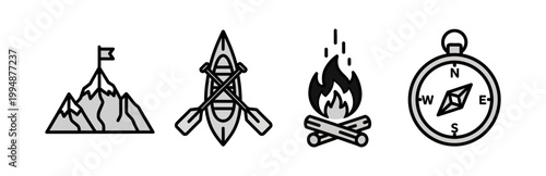 Icons representing adventure and outdoor activities like hiking, camping, and navigation for travel and exploration themes