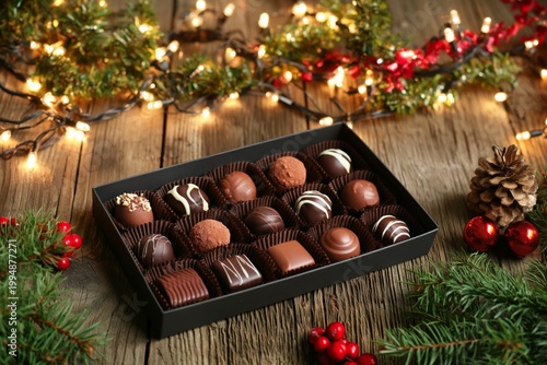 Assorted Chocolates in a Box on a Wooden Table During the Holiday Season