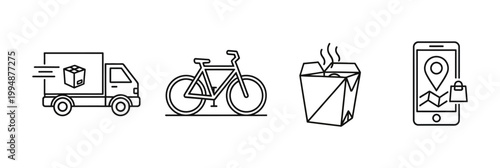 Essential line icons for modern delivery logistics, featuring express truck transport, bicycle couriers, food takeout, and a mobile app for efficient order tracking