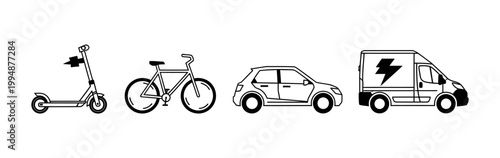 Collection of electric scooter, bicycle, car, and van icons representing modern personal and commercial transportation options