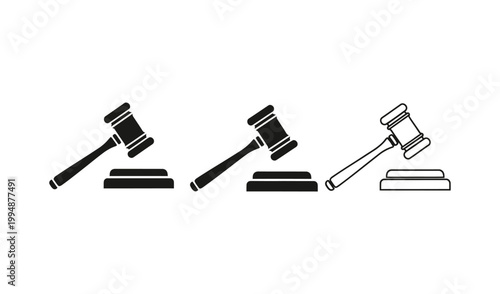 Three Judicial Gavel Symbols in Different Styles, Representing Law and Authority, Isolated on White Background