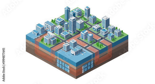 Isometric Smart City Illustration with Underground Infrastructure, Modern Skyscrapers, and Sustainable Urban Planning Systems