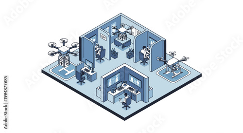 Isometric Drone Control Center and Medical Delivery Logistics Hub Illustration