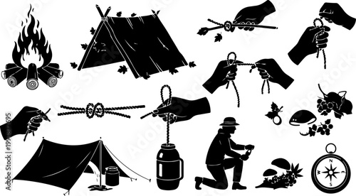 Black Silhouette Camping and Wilderness Survival Icon Set Including Campfire Tent Knots Compass and Foraging