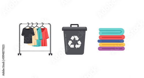 Sustainable fashion symbols: clothing rack recycling bin folded