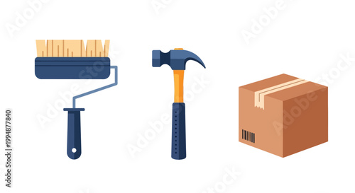 Home renovation tools and cardboard box in flat design