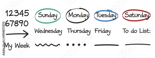 Hand-drawn Numbers Days of Week and Symbols 12345 67890