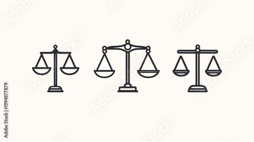 Three stylized grayscale depictions of balanced scales with similar but varying designs