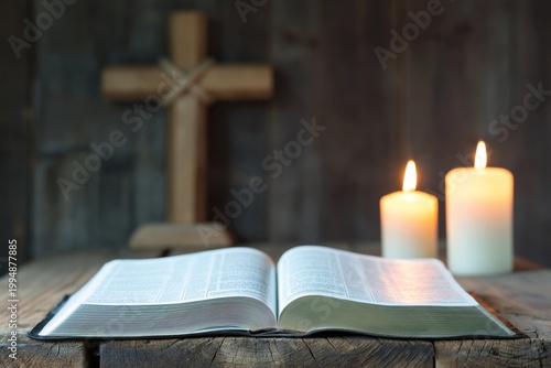 Open Bible With Candles and Wooden Cross in a Dimly Lit Room at Night