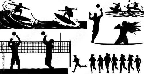Black Silhouette Summer Beach Sports Set Including Surfing Beach Volleyball Running Wave Riding and Active People on Shore
