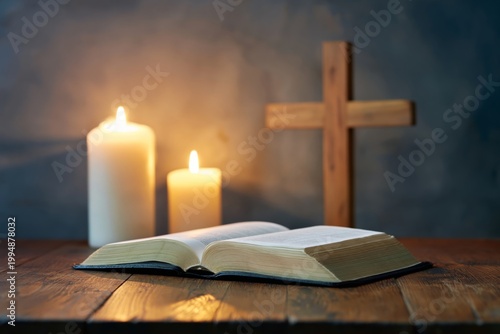 Open Book, Candles, and Wooden Cross on Table in Dim Light During Evening Time