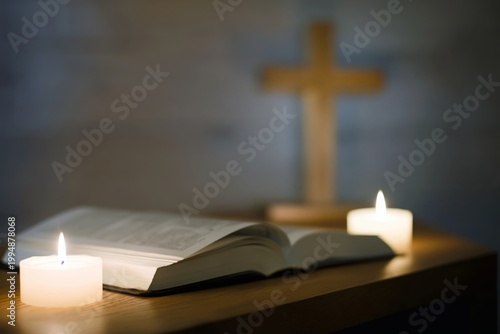 Study of a Bible and Candlelight With a Cross in the Background During Evenin...