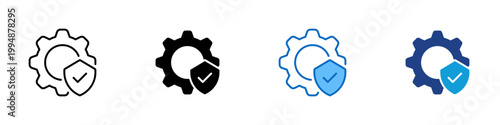 Secure Process Multiple Style Icon Design Vector - Gear with shield checkmark representing secure operation, system protection, and process validation