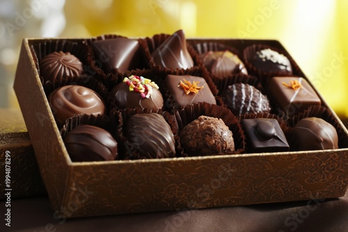 Selection of Chocolates in a Box Presented on a Table With Yellow Background