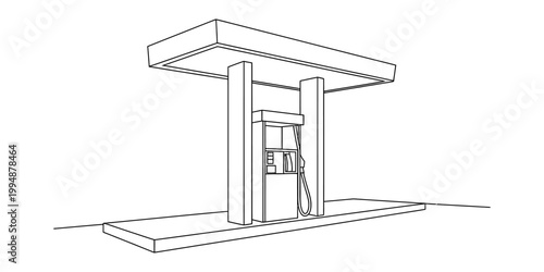 Simple line drawing of a gas station pump with canopy and concrete pad, isolated on white