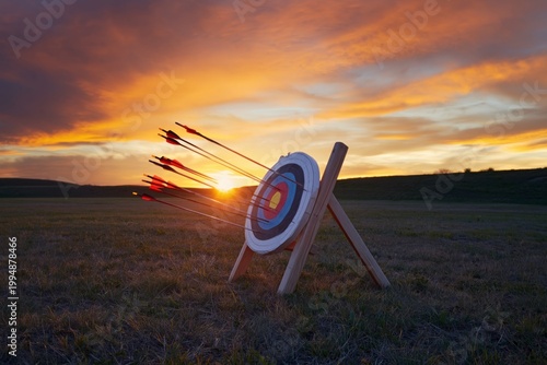 Archery Target With Arrows at Sunset in a Field