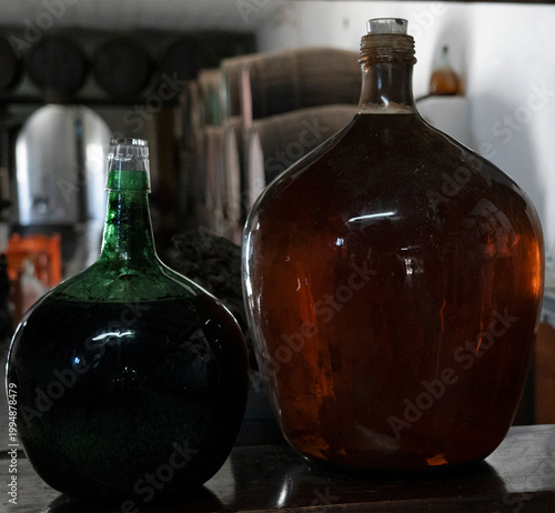 Vine vintage bottles in Geria region, Lanzarote, Spain