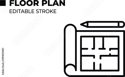 A detailed vector illustration showing an architectural blueprint or floor plan design document with a pencil, perfect for construction and real estate concepts.