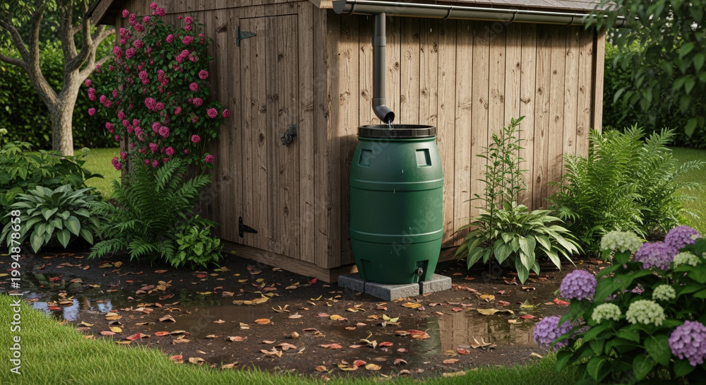 Obraz premium Eco-friendly rain barrel installation beside a wooden shed in a lush garden setting with vibrant flowers and greenery