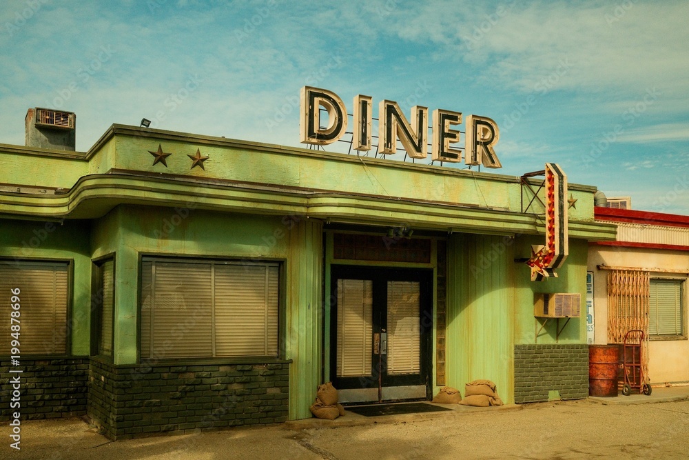 Obraz premium Vintage American diner exterior with retro signage in California