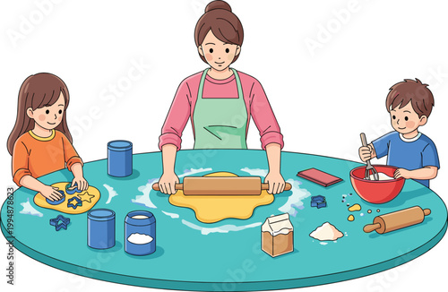 Happy Mother and Children Baking Cookies Together in Kitchen Featuring Mother Rolling Dough and Kids Using Cutters for Family Hobby and Culinary Education Vector Illustration