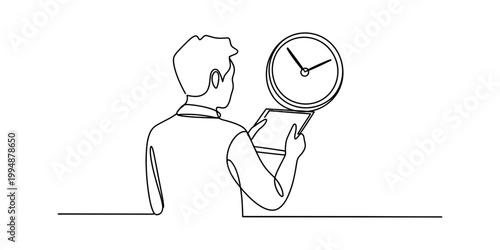 Man looking at tablet device and clock on wall, one line drawing