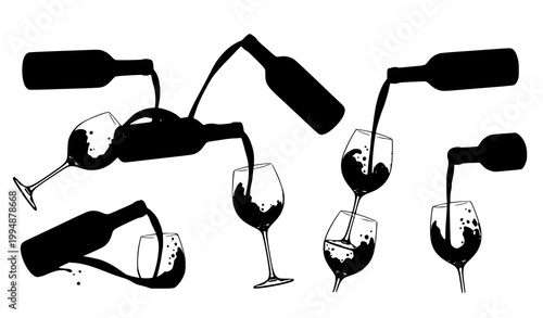 Realistic Wine Bottle Pouring Glass Vector Illustration Set Isolated on White Background