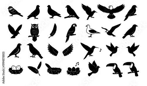 Bird icon set black silhouette flying perched feather nest vector isolated on white background