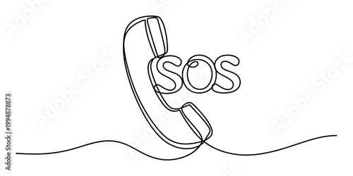 Single continuous line drawing of a telephone receiver with sos message, emergency help concept