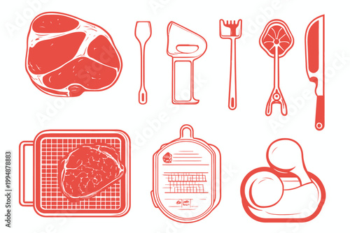Red-toned line art of food and utensils steak cuts, grill, and cooking implements