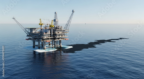 Industrial oil rig platform on ocean surface showing extraction operations with equipment and vessels in background. Industrial scene highlights energy production and environmental impact.