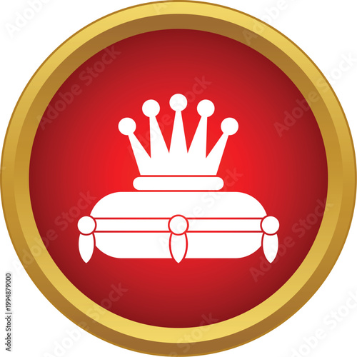 Crown iconography on a red cushion symbolizing monarchy, power, and prestige