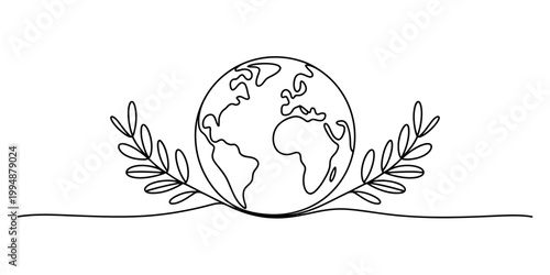 Earth globe with leaves and branches in simple line art style